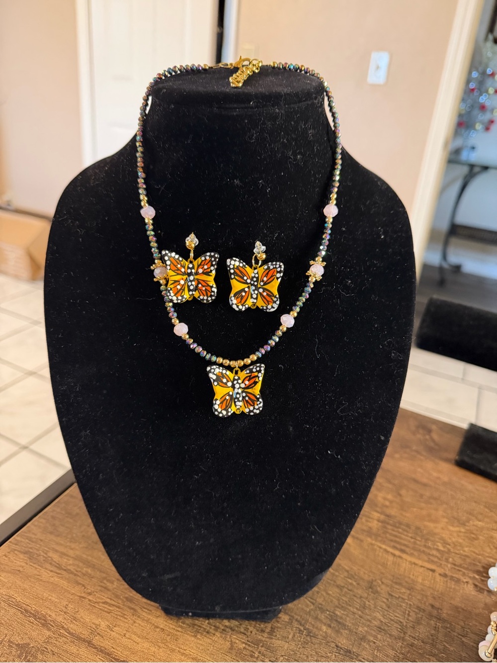 Yellow Butterfly Pendant Necklace Set with Beaded Chain